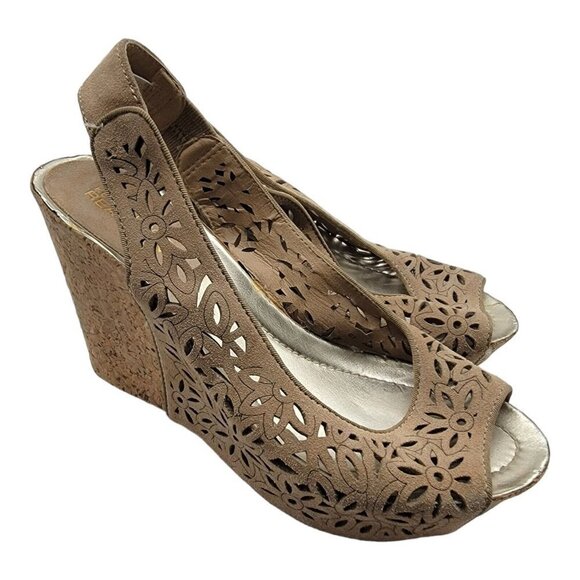 Kenneth Cole Reaction Soley Roller Wedge Women Size 6 Tan Cork Peep Toe Sandal - Picture 1 of 10